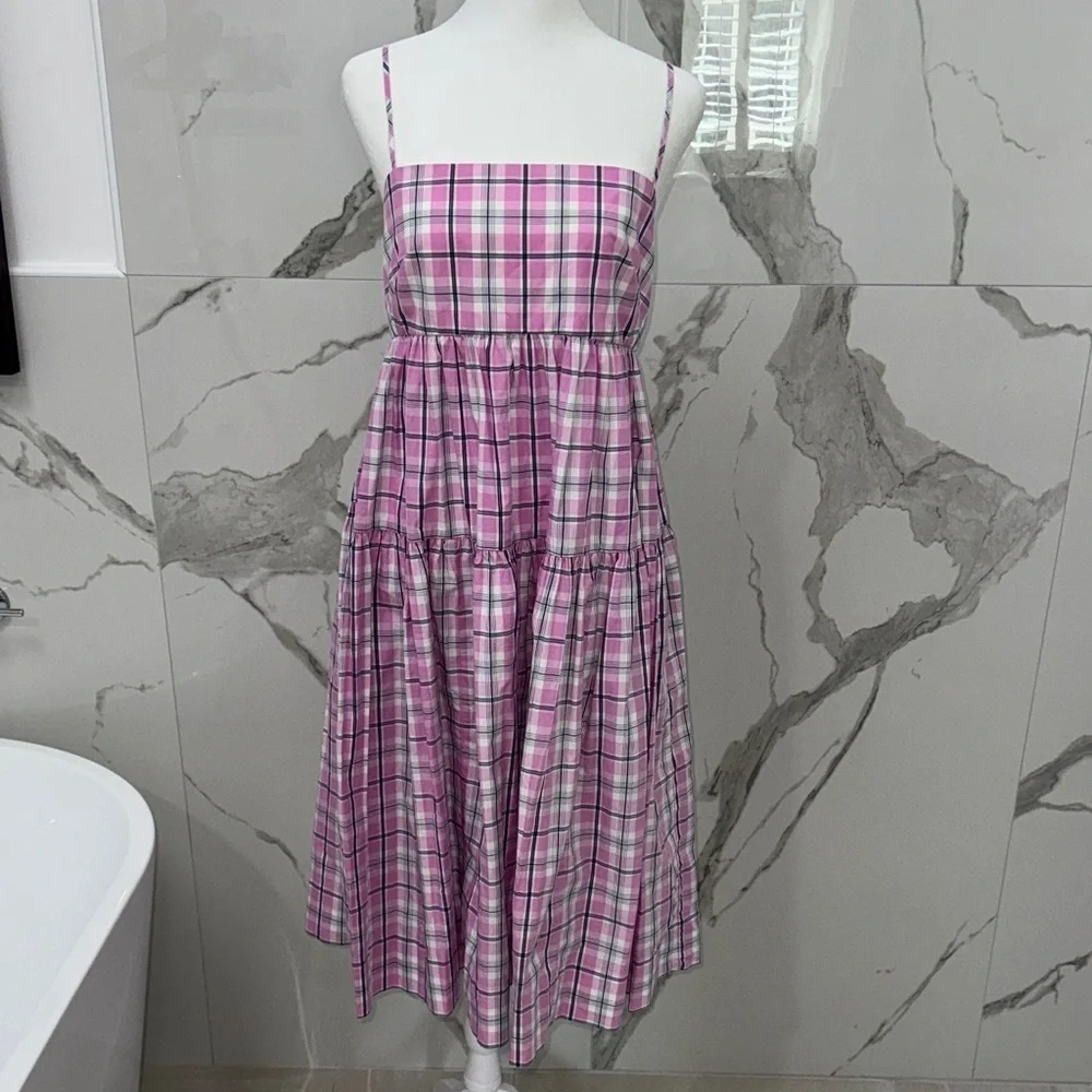 J. Crew Pink Violet Plaid Tie-back Tiered Poplin Midi Dress Size 4